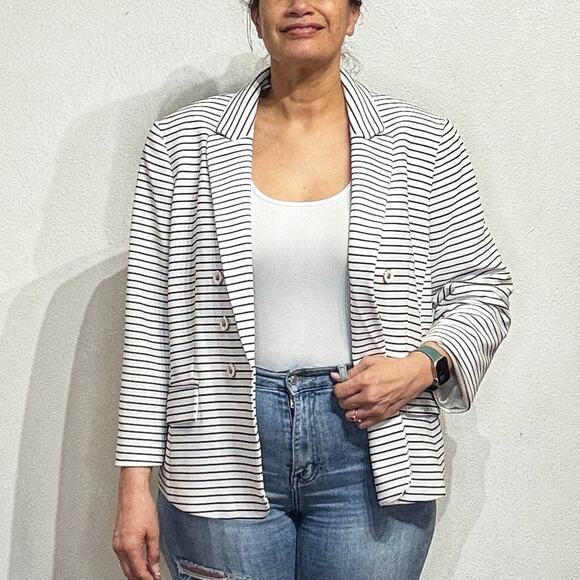 Kasper White Striped Open Front Blazer Sz 16 - Picture 1 of 12